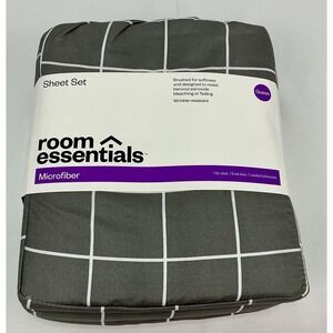 Room Essentials Microfiber Sheet Set Queen Gray Stripe 4 Piece New Wrinkle Free